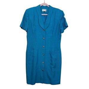 90s Kasper Turquoise Blue Dress‎ 14 Linen Look Gold Heart Button Midi Shift 14